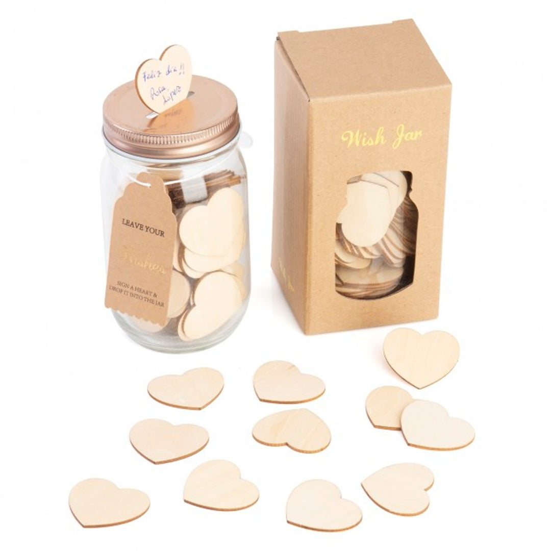 Tarro de cristal con tapa ranurada y corazones de madera para firmas. Incluye 100 corazones aprox.