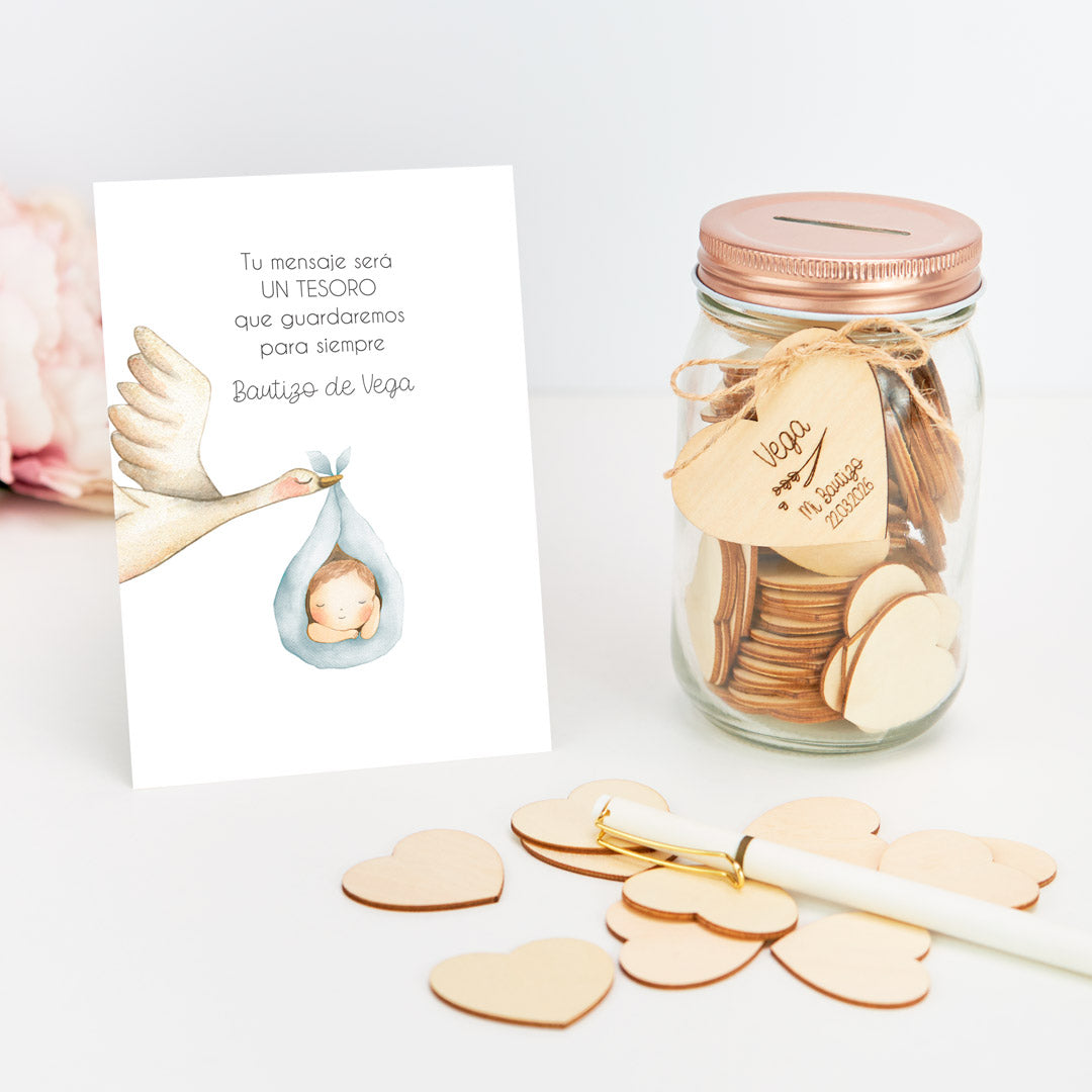 Tarro de Firmas para Bautizo con Corazón Grabado y Tarjeta Personalizada