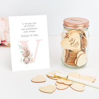 Tarro de Firmas para Bautizo con Corazón Grabado y Tarjeta Personalizada