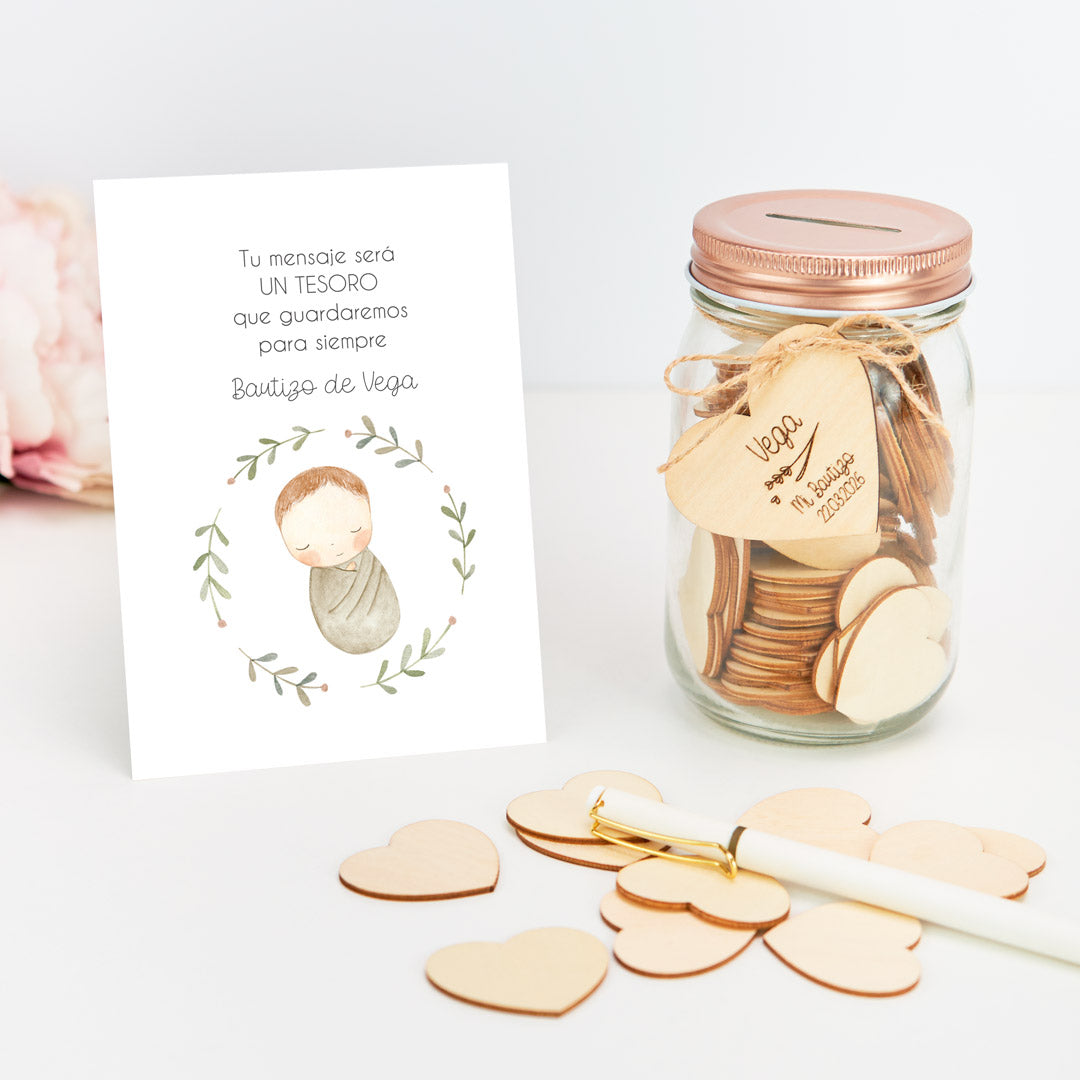 Tarro de Firmas para Bautizo con Corazón Grabado y Tarjeta Personalizada