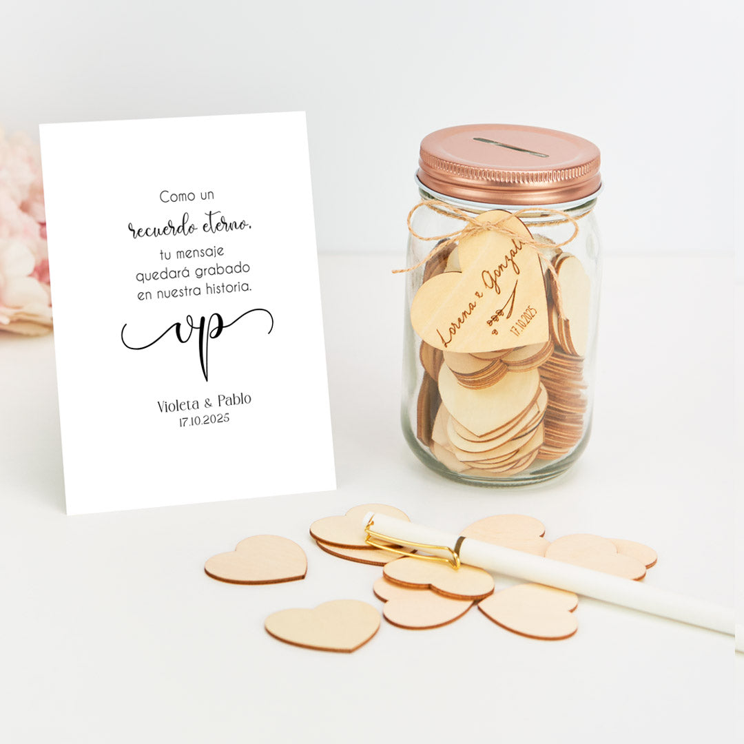 Tarro de Firmas para Boda con Corazón Grabado y Tarjeta Personalizada