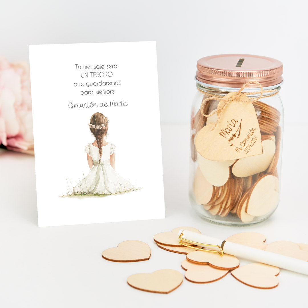 Tarro de Firmas para Comunión con Corazón Grabado y Tarjeta Personalizada