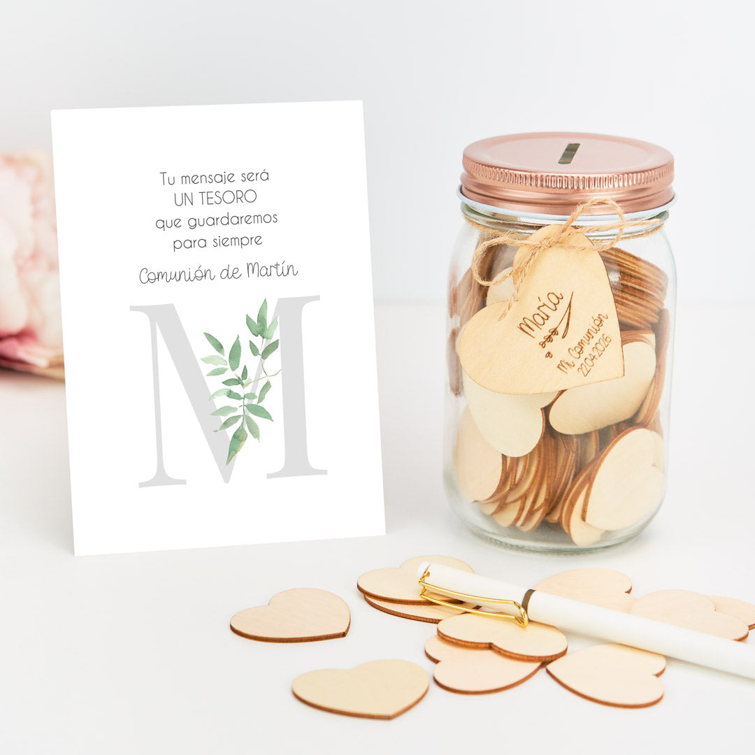 Tarro de Firmas para Comunión con Corazón Grabado y Tarjeta Personalizada