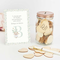 Tarro de Firmas para Bautizo con Corazón Grabado y Tarjeta Personalizada