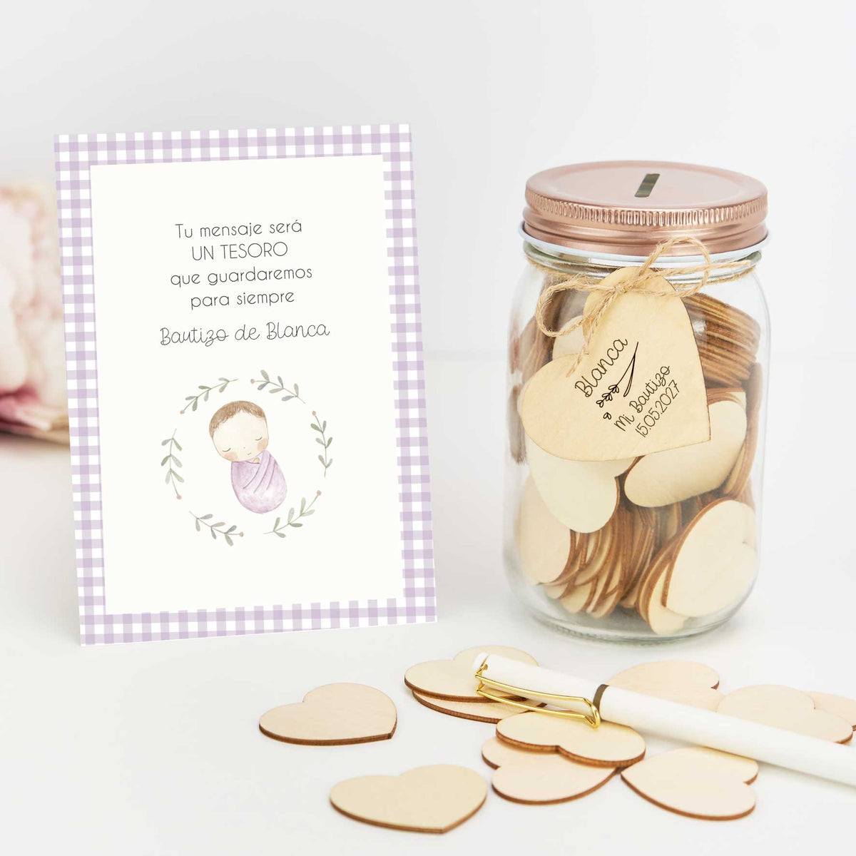 Tarro de Firmas para Bautizo con Corazón Grabado y Tarjeta Personalizada