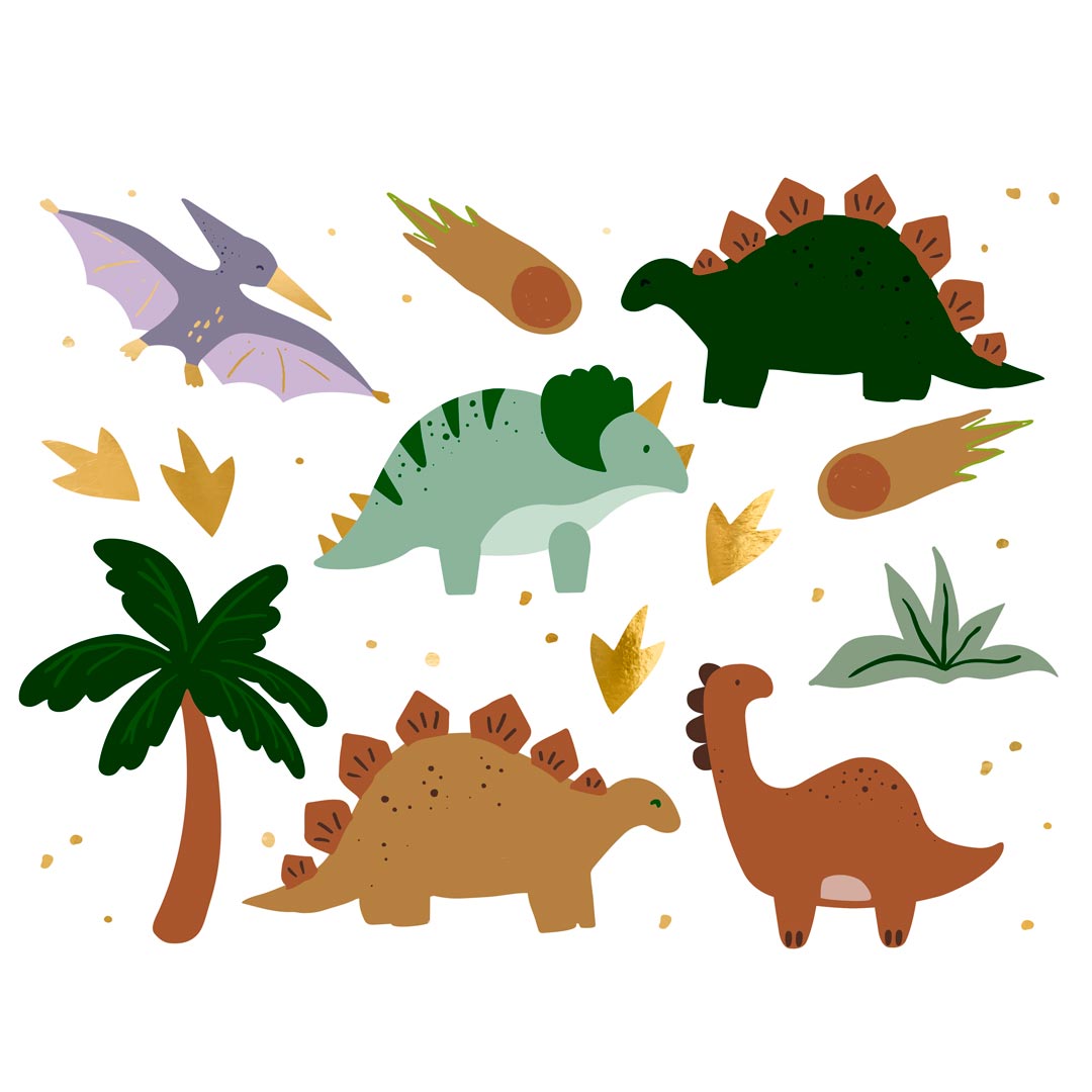 Detalle de tatuajes temporales de dinosaurios con huellas y meteoritos dorados