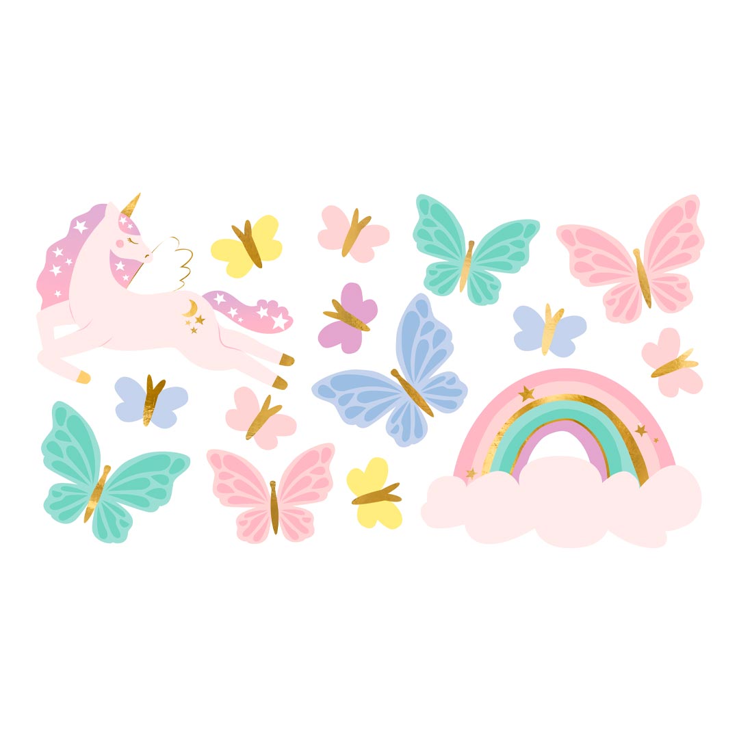 Detalle de tatuajes temporales de mariposas doradas y pastel para fiesta de unicornio