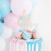 Topper de tarta de madera natural con inscripción Oh Baby en letra cursiva calada 17 cm