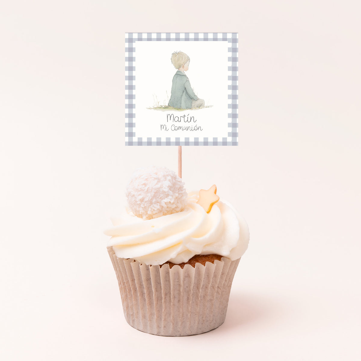 Topper Cacke de Cuadros Vichy Gris para mesa dulce de Comunión. 