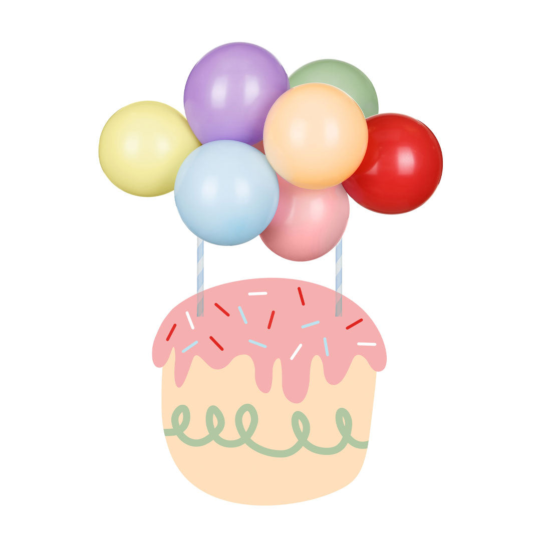 Detalle del topper de tarta de globos multicolor
