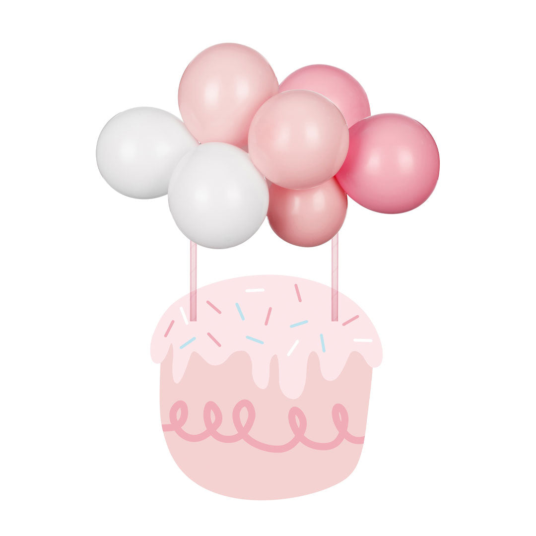 Detalle del topper de tarta de globos en tonos rosa empolvado rosa y blanco