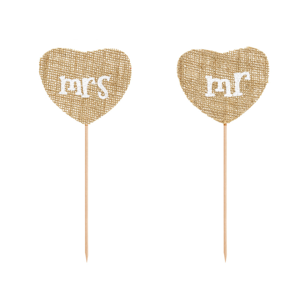 Primer plano del topper de yute con inscripción blanca