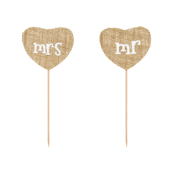 Primer plano del topper de yute con inscripción blanca