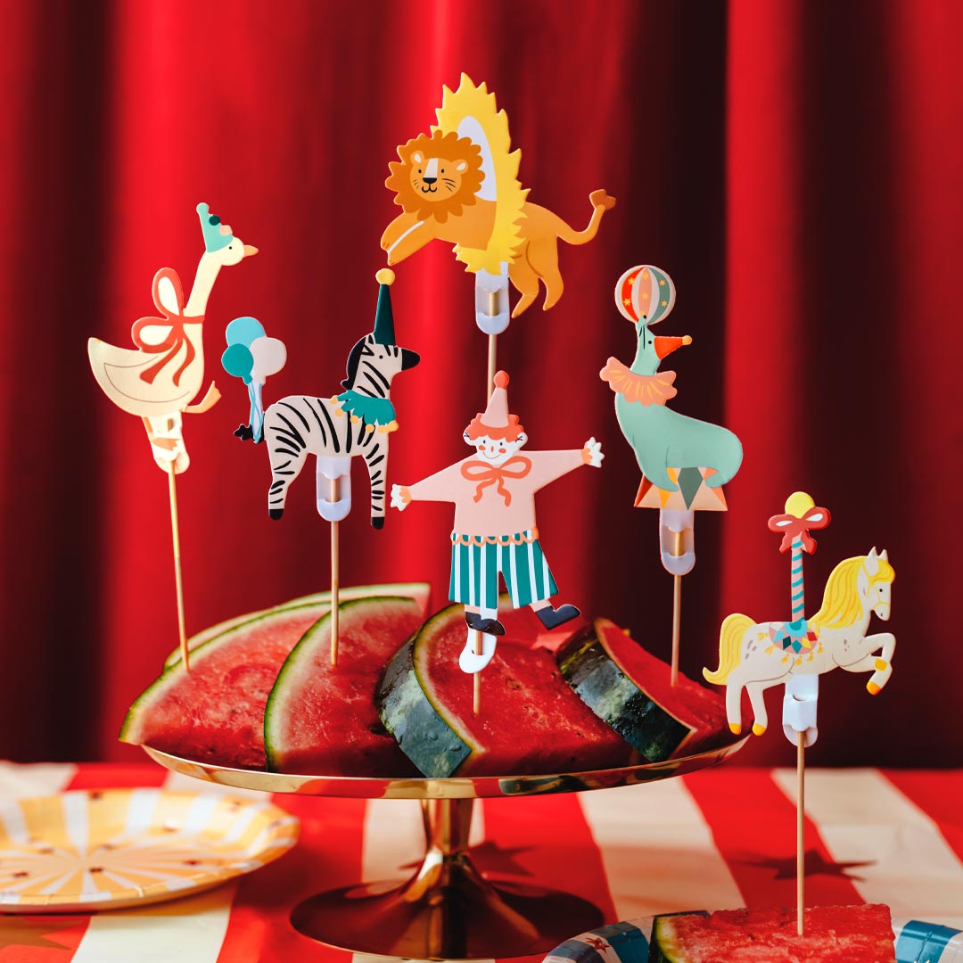 Set de 6 toppers de circo para cupcakes con payaso, león, cebra, ciervo, caballito y ganso
