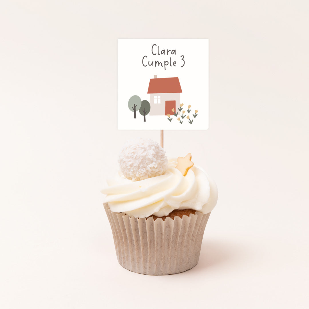 Pack de 12 toppers personalizados temática granja con vaca y ovejas ilustradas para cupcakes y mesa dulce de cumpleaños