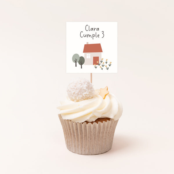 Pack de 12 toppers personalizados temática granja con vaca y ovejas ilustradas para cupcakes y mesa dulce de cumpleaños