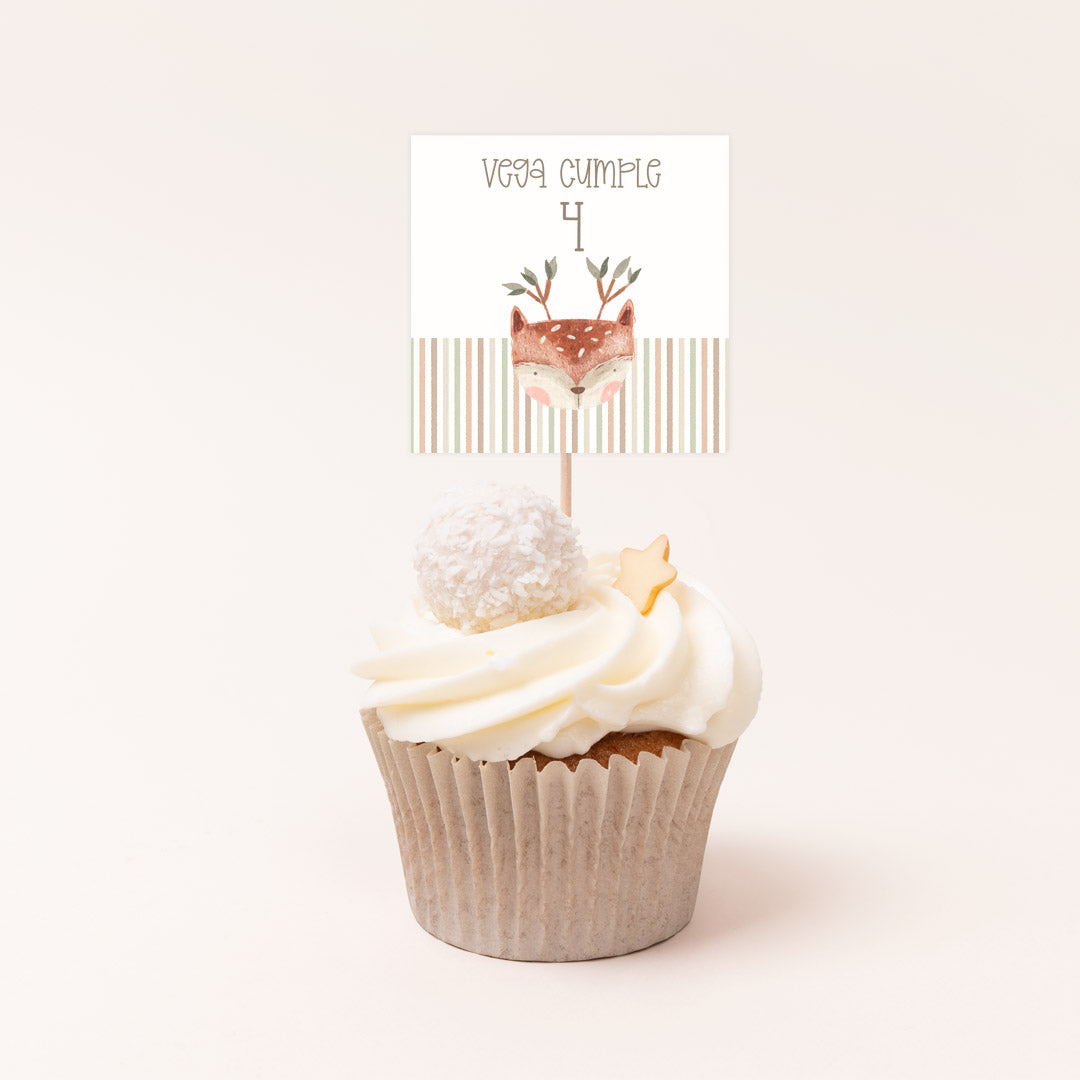 Pack de 12 toppers personalizados temática animales del bosque con diseños surtidos de oso, zorro y ciervo para cupcakes y mesa dulce de cumpleaños