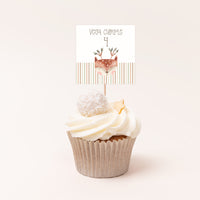 Pack de 12 toppers personalizados temática animales del bosque con diseños surtidos de oso, zorro y ciervo para cupcakes y mesa dulce de cumpleaños