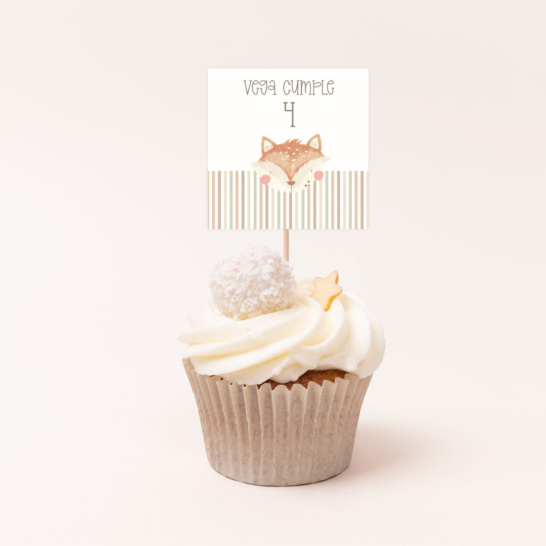 Pack de 12 toppers personalizados temática animales del bosque con diseños surtidos de oso, zorro y ciervo para cupcakes y mesa dulce de cumpleaños