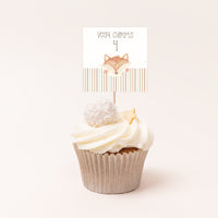 Pack de 12 toppers personalizados temática animales del bosque con diseños surtidos de oso, zorro y ciervo para cupcakes y mesa dulce de cumpleaños