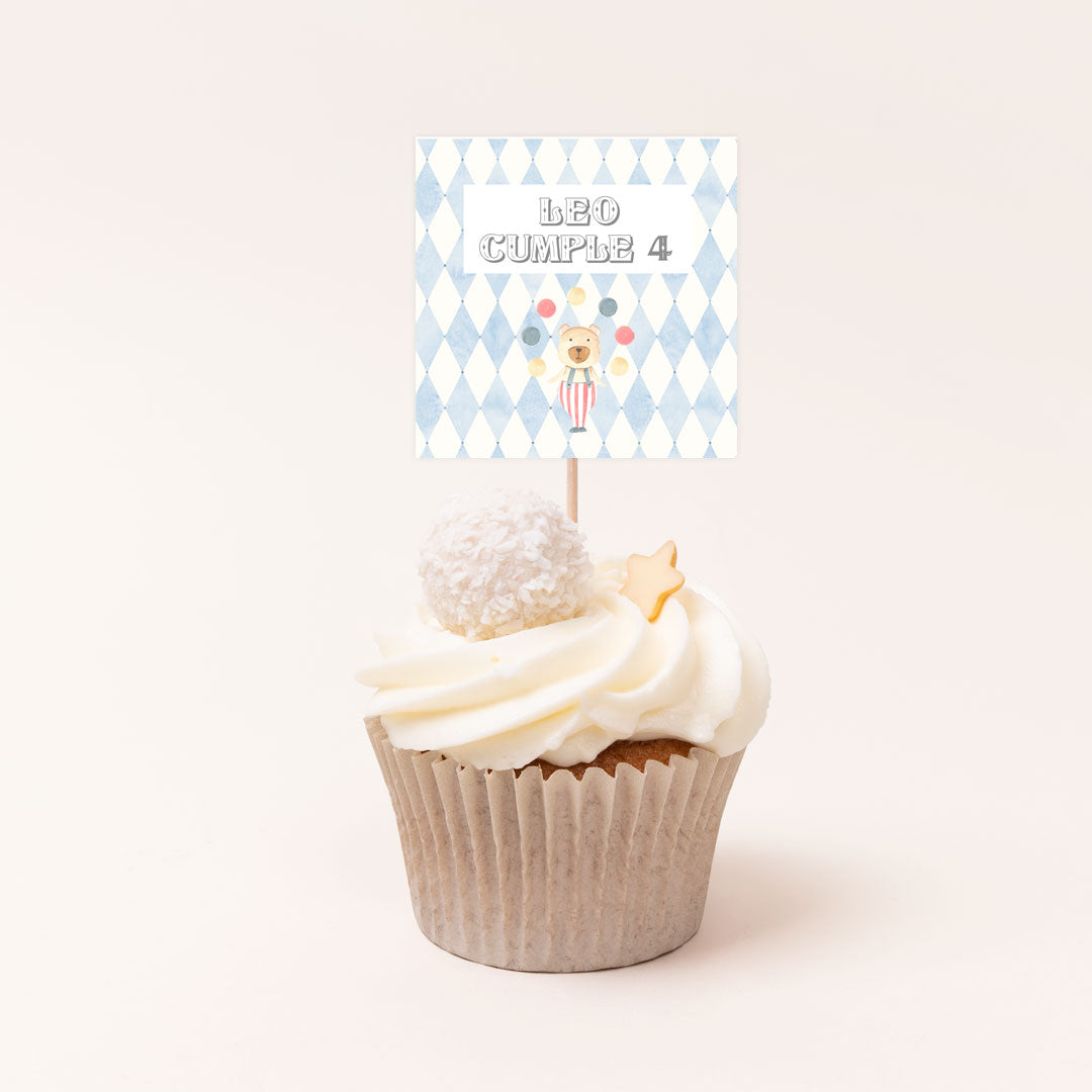 Pack de 12 toppers personalizados temática circo con diseños de osito circense y carpa para cupcakes y mesa dulce de cumpleaños