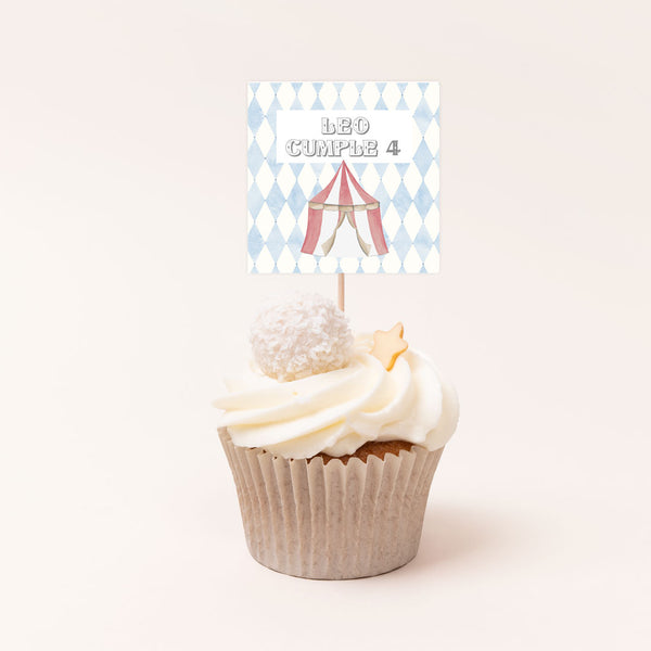 Pack de 12 toppers personalizados temática circo con diseños de osito circense y carpa para cupcakes y mesa dulce de cumpleaños