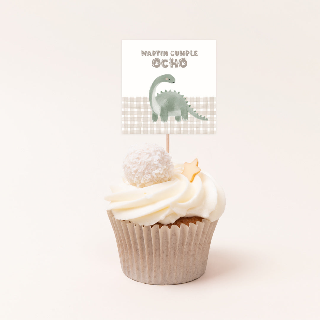 Pack de 12 toppers personalizados temática dinosaurio con estampado vichy beige para cupcakes y mesa dulce de cumpleaños