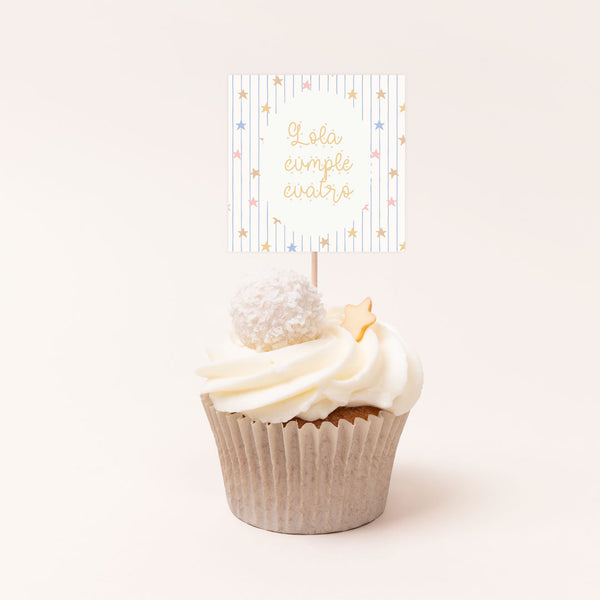 Pack de 12 toppers personalizados temática nubes y estrellas con estrellitas pastel para cupcakes y mesa dulce de cumpleaños