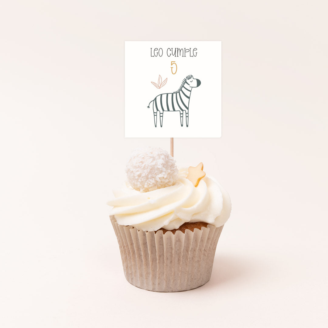 Pack de 12 toppers personalizados temática safari con diseños variados 
