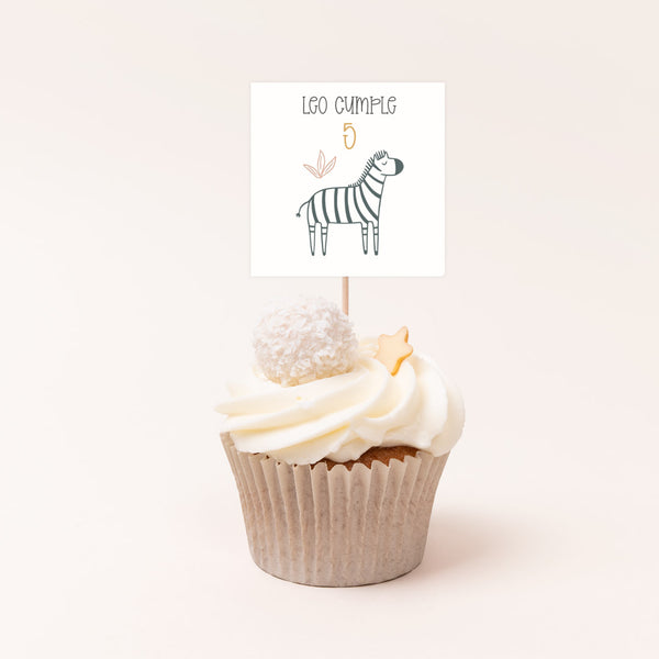 Pack de 12 toppers personalizados temática safari con diseños variados 