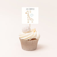 Pack de 12 toppers personalizados temática safari con diseños variados de león, jirafa y cebra para cupcakes y mesa dulce de cumpleaños