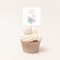 Pack de 12 toppers personalizados temática unicornio con diseñode  mariposa para cupcakes y mesa dulce de cumpleaños