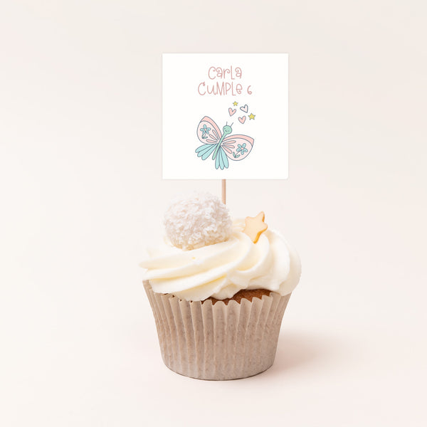 Pack de 12 toppers personalizados temática unicornio con diseñode  mariposa para cupcakes y mesa dulce de cumpleaños