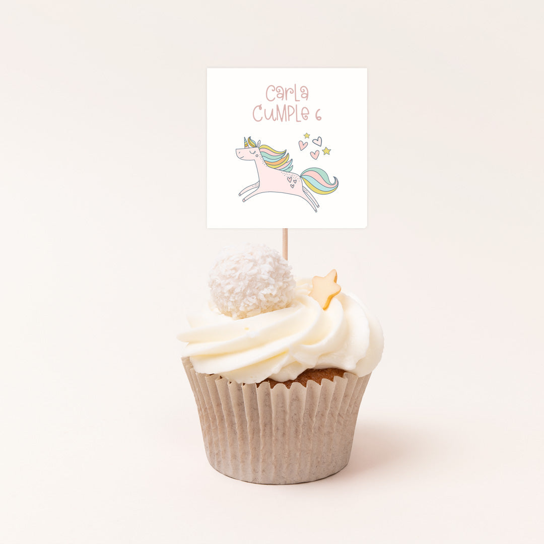 Pack de 12 toppers personalizados temática unicornio con diseño de  unicornio para cupcakes y mesa dulce de 