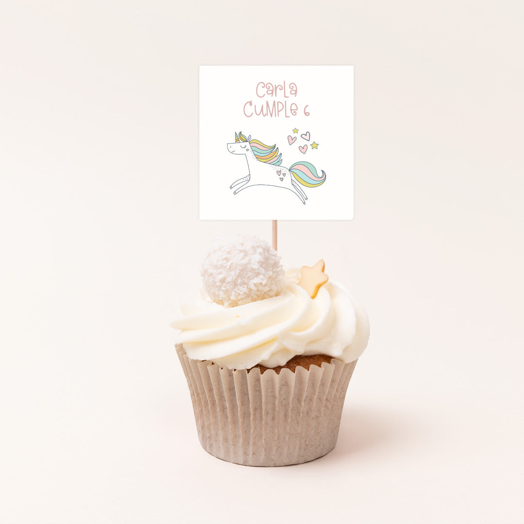 Pack de 12 toppers personalizados temática unicornio con diseño de  unicornio para cupcakes y mesa dulce