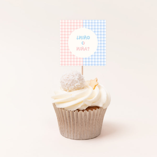 Pack de 12 toppers personalizados temática revelación de género con estampado vichy rosa y azul para cupcakes y mesa dulce