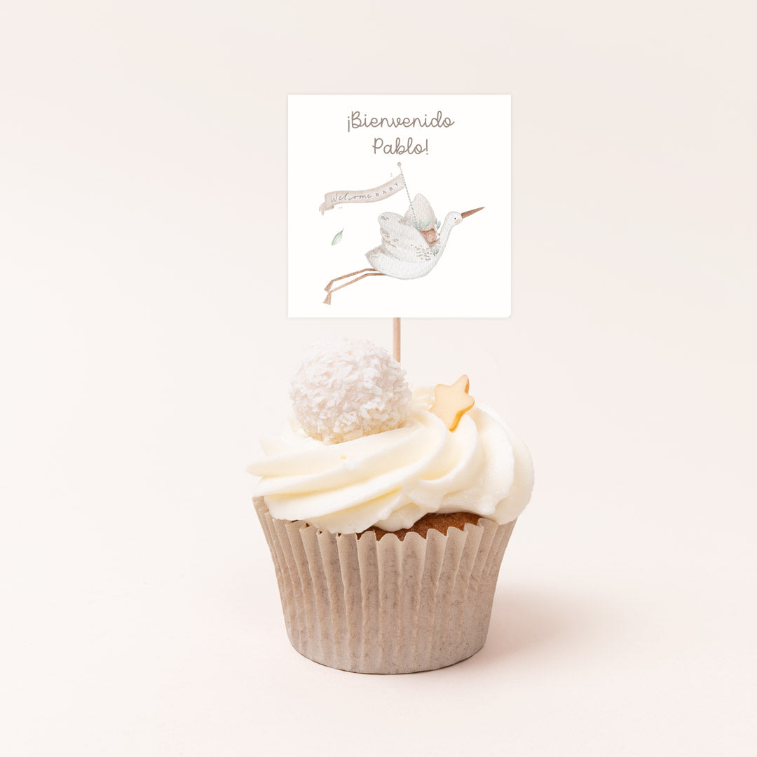 Pack de 12 toppers personalizados temática fiesta de nacimiento con cigüeña ilustrada para cupcakes y mesa dulce