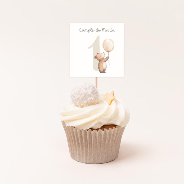 Pack de 12 toppers personalizados temática primer cumpleaños con osito ilustrado para cupcakes y mesa dulce