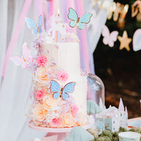Pack 9 toppers para tarta mariposas en azul verde menta y rosa con bordes dorados