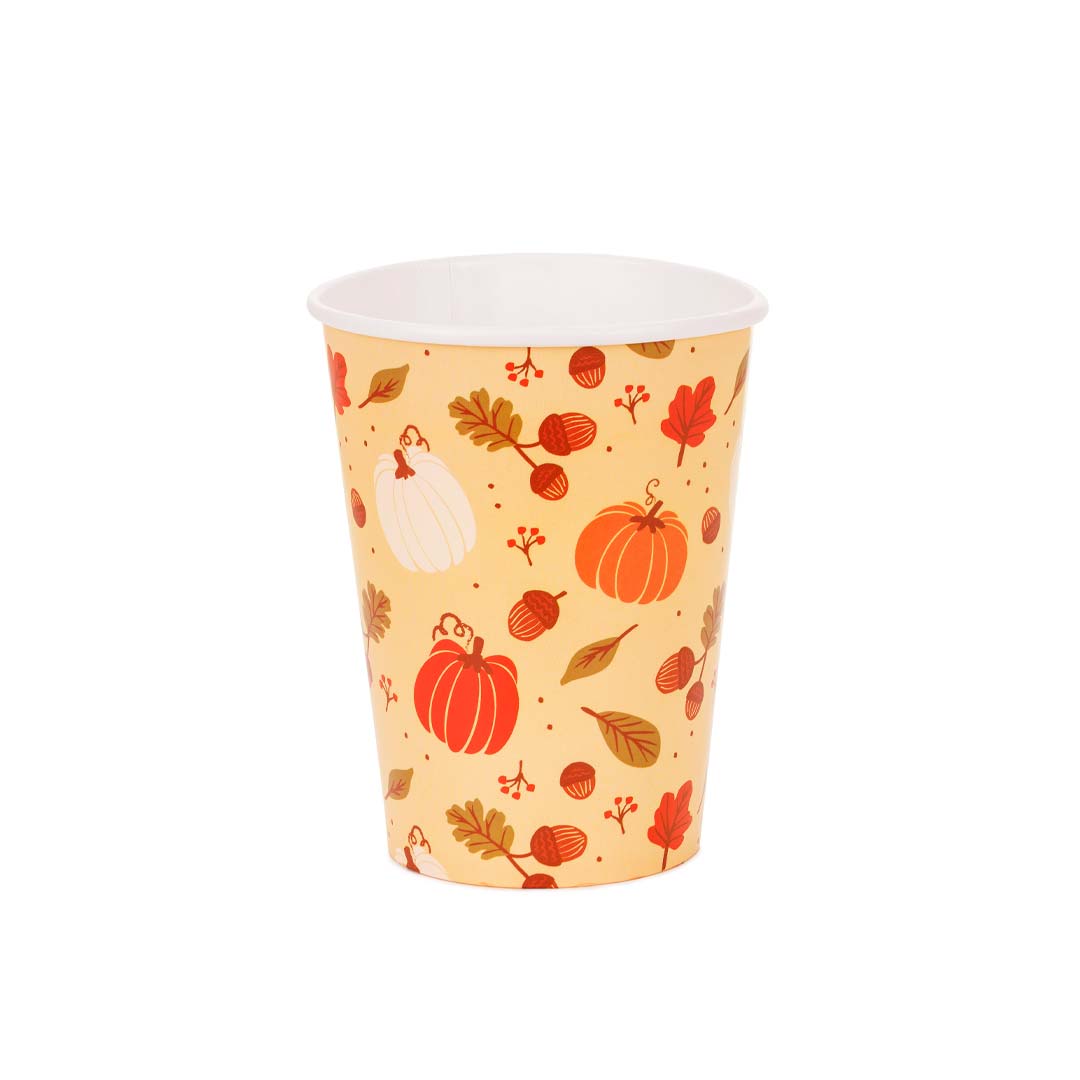 Detalle del vaso de papel con calabazas, bellotas y hojas otoñales, 250 ml
