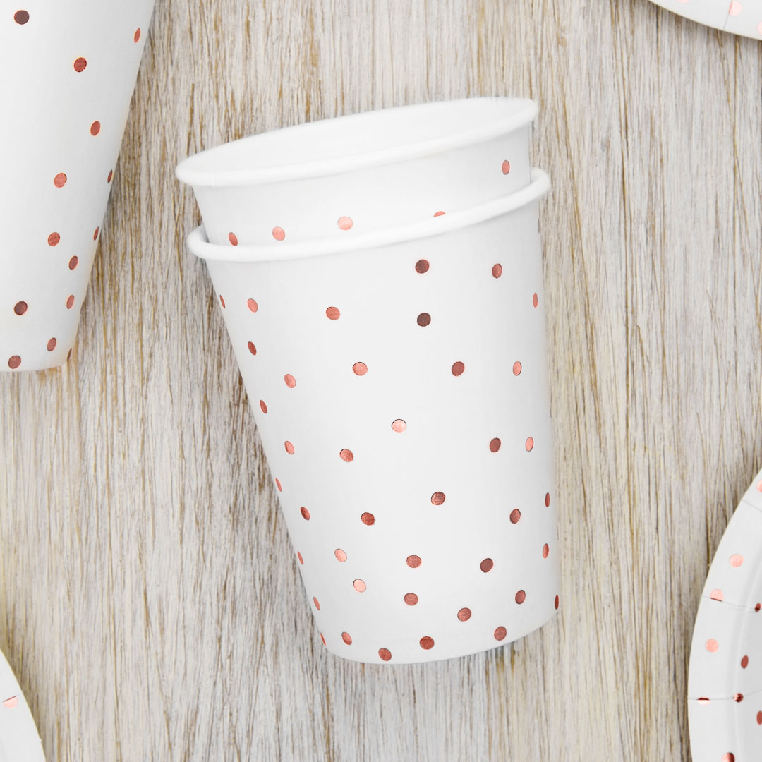 Vasos de papel blancos con topos oro rosa. Pack de 6 unidades (260 ml).
