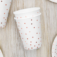 Vasos de papel blancos con topos oro rosa. Pack de 6 unidades (260 ml).