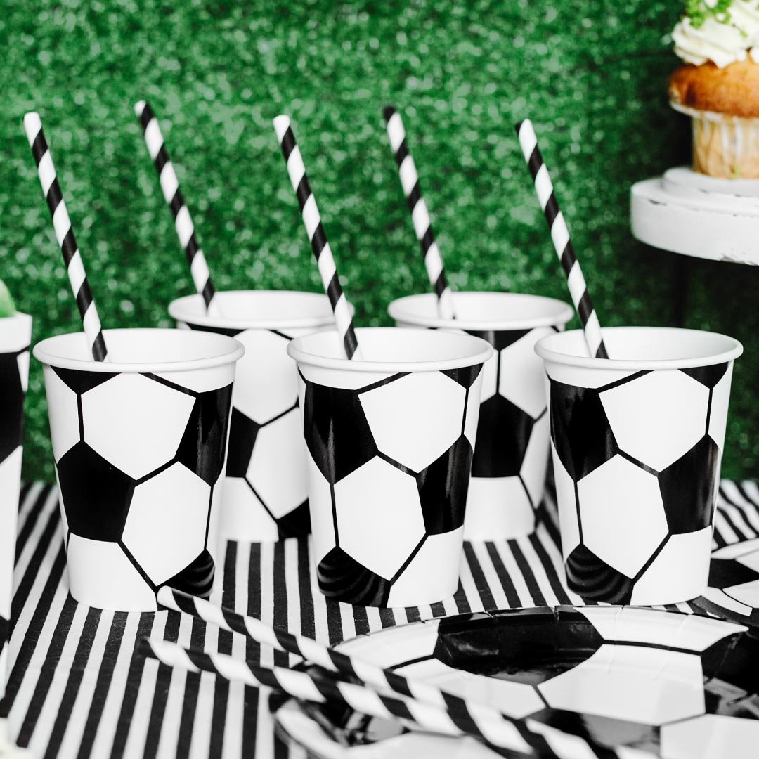 Pack 6 vasos de papel con diseño de balón de fútbol negro y blanco 260 ml