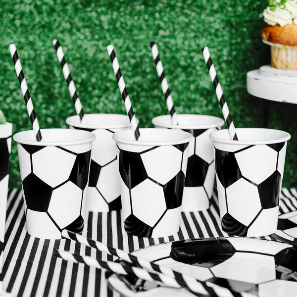 Pack 6 vasos de papel con diseño de balón de fútbol negro y blanco 260 ml
