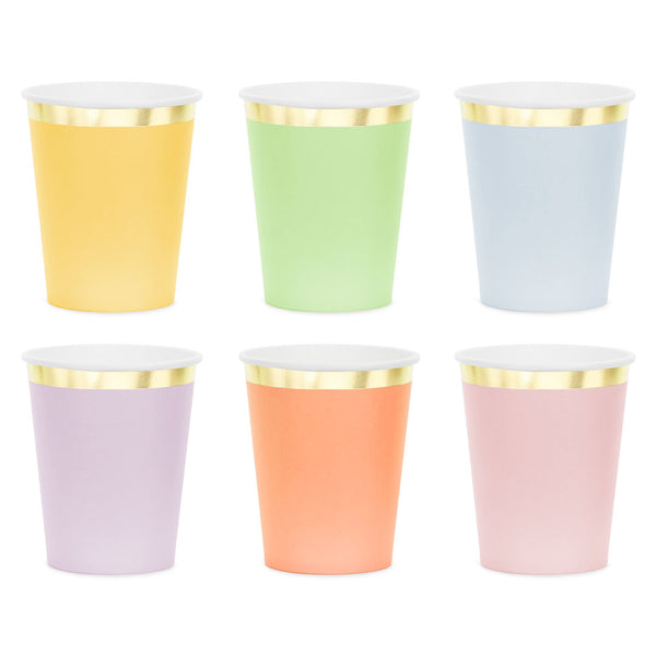 Pack 6 vasos de papel en colores pastel surtidos con borde dorado 220 ml