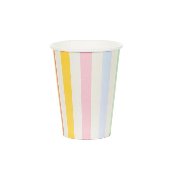 Detalle de las rayas verticales en colores pastel del vaso de papel 400 ml