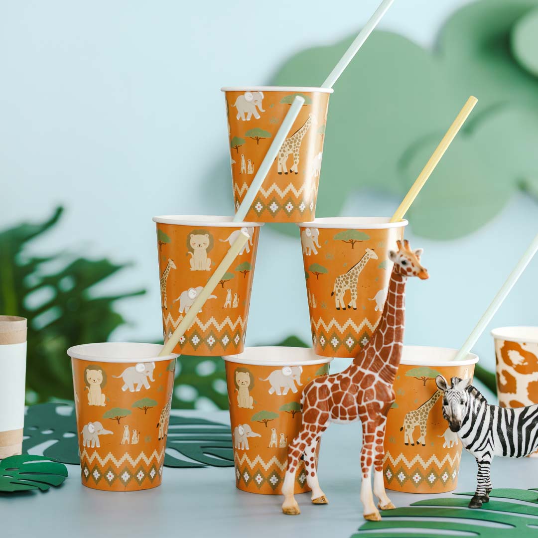 Pack 6 vasos de papel safari naranja con ilustraciones de animales de sabana 220 ml