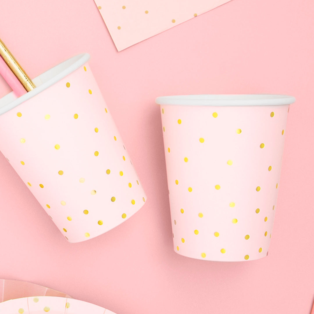 Vasos de papel rosa con topos dorados. Pack de 6 unidades (260 ml).