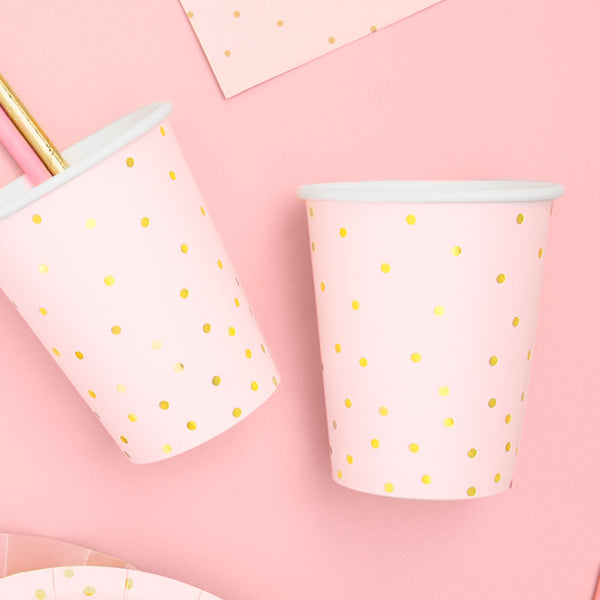Vasos de papel rosa con topos dorados. Pack de 6 unidades (260 ml).