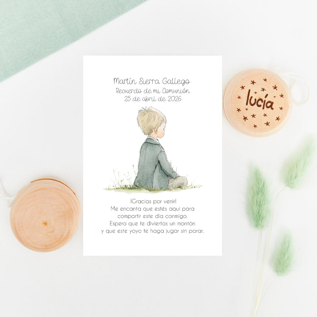 Yoyo de madera con tarjeta, como regalo para los invitados más peques en comuniones, de la colección boho
